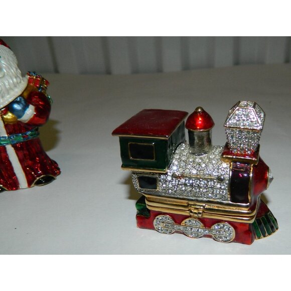 Santa Claus & Train Figurine Hinged Trinket Boxes Enamel Rhinestone Accents - Picture 8 of 15
